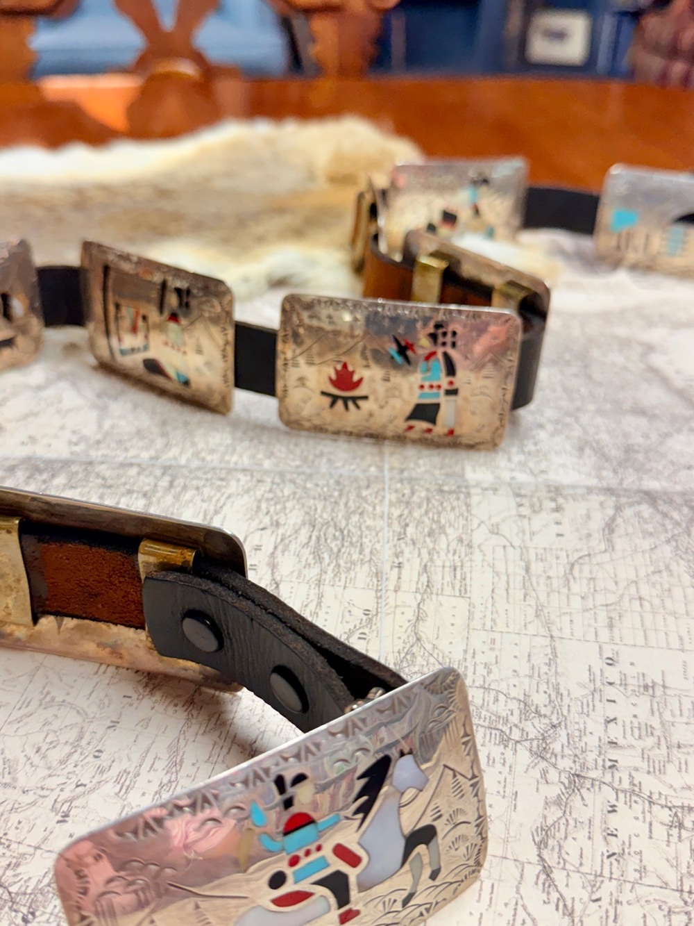 Native American Storyteller Belt Sterling Silver w/ Stone Inlay